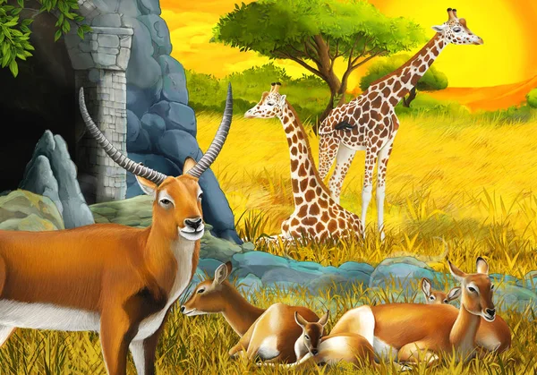 Scena safari del fumetto con famiglia antilope e giraffe sul prato vicino alla montagna illustrazione per bambini — Foto Stock