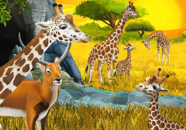 Сцена сафари с антилопами и жирафами на лугу рядом с горной иллюстрацией для детей — стоковое фото