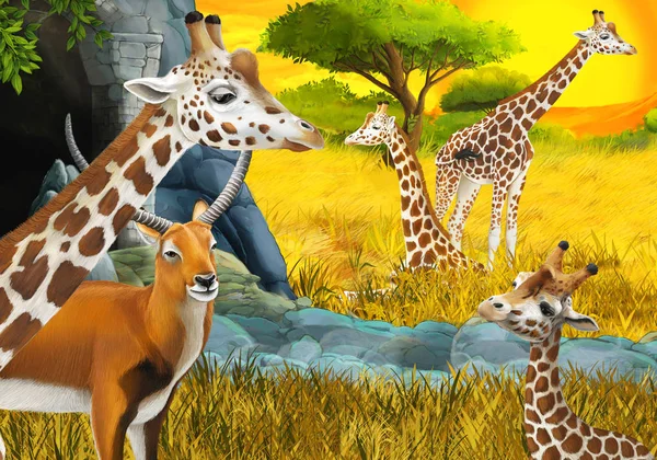 Safari de dibujos animados con la familia del antílope y jirafas en el prado cerca de la montaña ilustración para niños — Foto de Stock