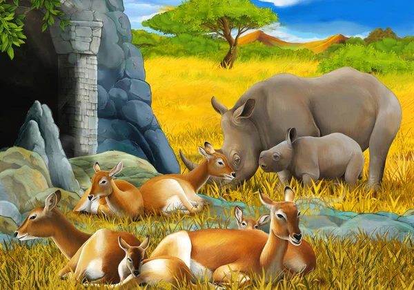 cartoon safari scene with antelope family rhinoceros rhino and giraffes on the meadow near the mountain illustration for children