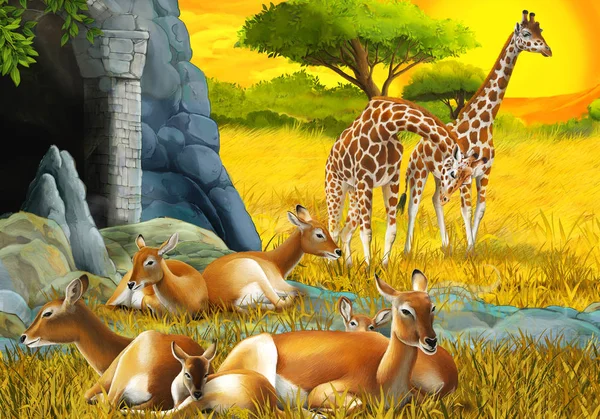 Kreslená safari scéna s antilopí rodinou a žirafami na louce u horské ilustrace pro děti — Stock fotografie