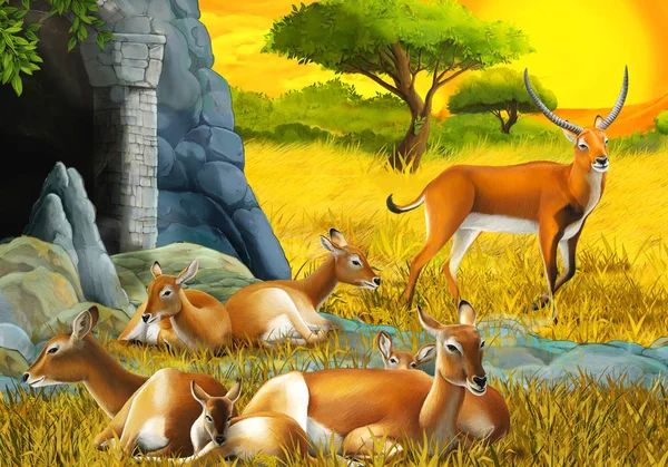 Dessin animé safari scène avec antilope famille sur la prairie près de la montagne illustration pour les enfants — Photo