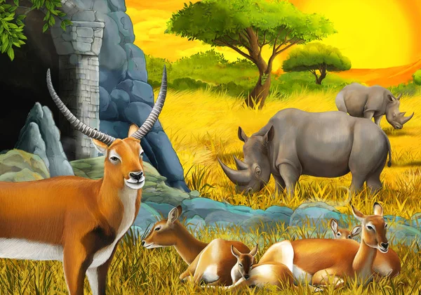 Cartoon safari scene with antelope family rhinoceros rhino and giraffes on the meadow near the mountain illustration for children — Stock Photo, Image