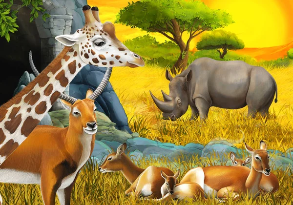 cartoon safari scene with antelope family rhinoceros rhino and giraffes on the meadow near the mountain illustration for children