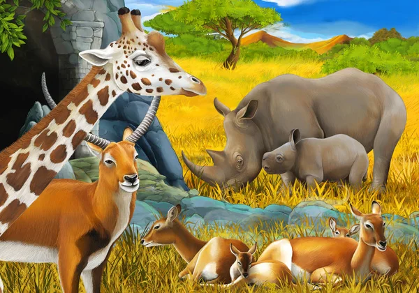 与羚羊家族犀牛和长颈鹿一起在靠近山林图解的草地上进行卡通片狩猎 — 图库照片