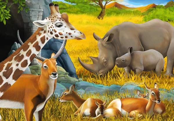 Cena de safári de desenhos animados com antílope família rinoceronte e girafas no prado perto da ilustração da montanha para crianças — Fotografia de Stock