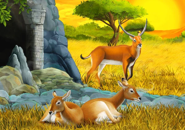 Cartoon safari scene with antelope family on the meadow near the mountain illustration for children — Stock Photo, Image