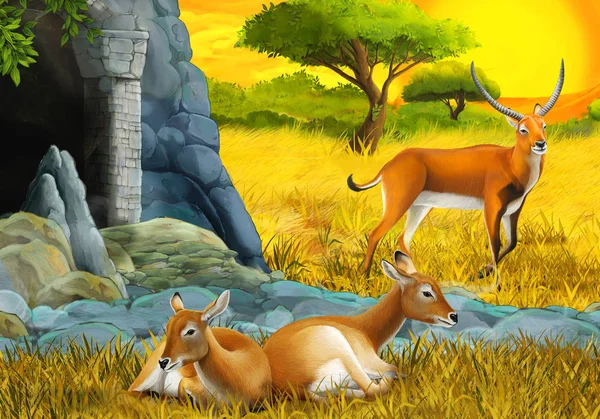 Çocuklar için dağların yakınındaki çayırda antilop ailesinin olduğu çizgi film safari sahnesi — Stok fotoğraf