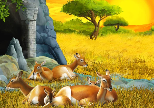 Мультяшна сафарі сцена з сім'єю антилопів на лузі біля гірської ілюстрації для дітей — стокове фото