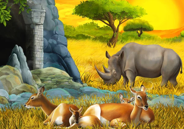 Scena safari dei cartoni animati con famiglia antilope e rinoceronte sul prato vicino alla montagna illustrazione per bambini — Foto Stock