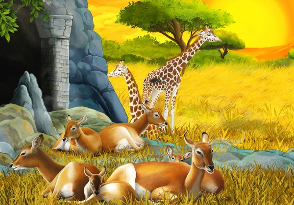 Rajzfilm szafari jelenet antilop család és zsiráfok a réten, közel a hegy illusztráció gyerekeknek — Stock Fotó