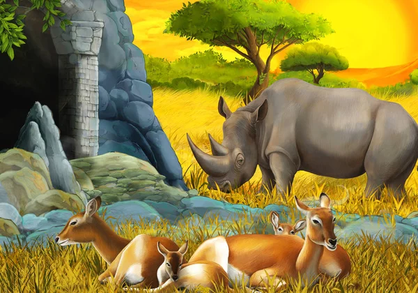 Dessin animé scène safari avec antilope famille rhinocéros rhinocéros et girafes sur la prairie près de la montagne illustration pour les enfants — Photo