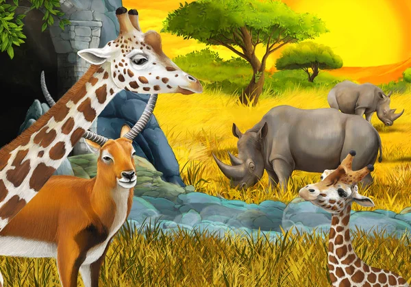 Cartoon safari scene with antelope family rhinoceros rhino and giraffes on the meadow near the mountain illustration for children — 스톡 사진