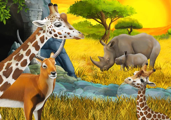 cartoon safari scene with antelope family and rhinoceros rhino on the meadow near the mountain illustration for children