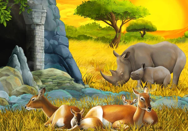 Safari de dibujos animados escena con antílope rinoceronte familia y jirafas en el prado cerca de la montaña ilustración para niños — Foto de Stock