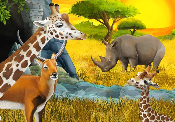 Safari de dibujos animados con antílope familia rinoceronte rinoceronte y jirafas en el prado cerca de la montaña ilustración para niños —  Fotos de Stock