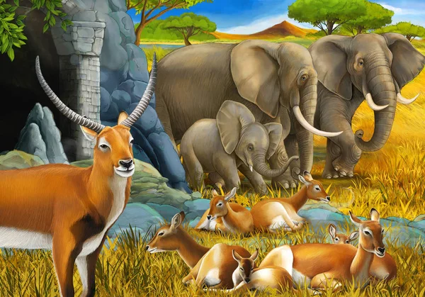 Cartoon safari scene with family of antelopes and elephant on the meadow illustration for children — Stock Photo, Image