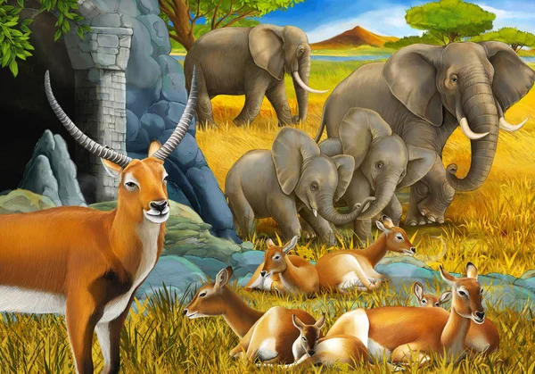 Scène safari dessin animé avec famille d'antilopes et éléphant sur l'illustration de prairie pour enfants — Photo