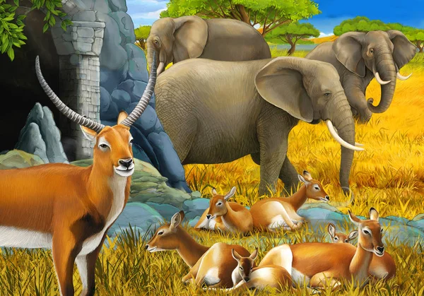 Cartoon safari scene with family of antelopes and elephant on the meadow illustration for children — Stock Photo, Image