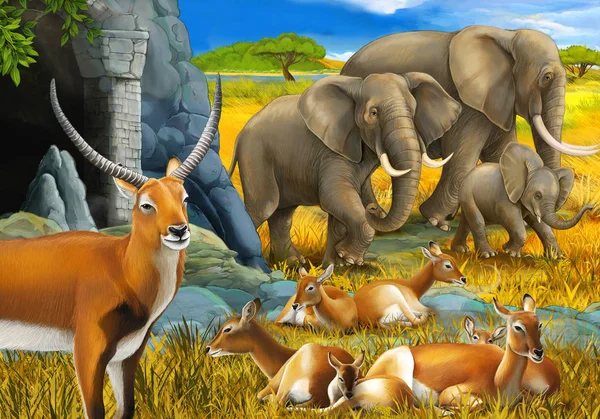 带着羚羊和大象的家庭在草地上向孩子们展示卡通画的狩猎场景 — 图库照片