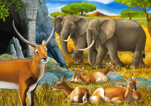Tecknad safari scen med familj av antiloper och elefant på ängen illustration för barn — Stockfoto