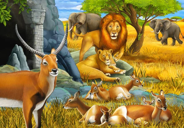 Tecknad safari scen med familj av antiloper och elefant på ängen illustration för barn — Stockfoto