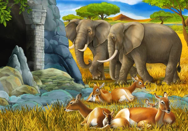 Safari de dibujos animados con familia de antílopes y elefante en el prado ilustración para niños — Foto de Stock