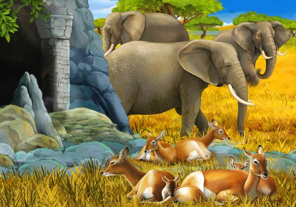 Cartoon safari scene with family of antelopes and elephant on the meadow illustration for children — Stock Photo, Image