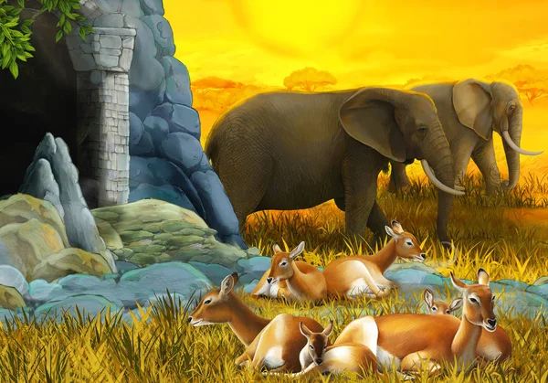 Cartoon safari scene met familie van antilopen en olifanten op de weide illustratie voor kinderen — Stockfoto
