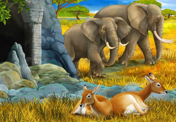 子供のための牧草地のイラストにアンテロープや象の家族と漫画サファリシーン — ストック写真