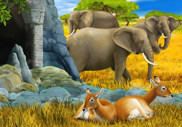 Safari de dibujos animados con familia de antílopes y elefante en el prado ilustración para niños — Foto de Stock