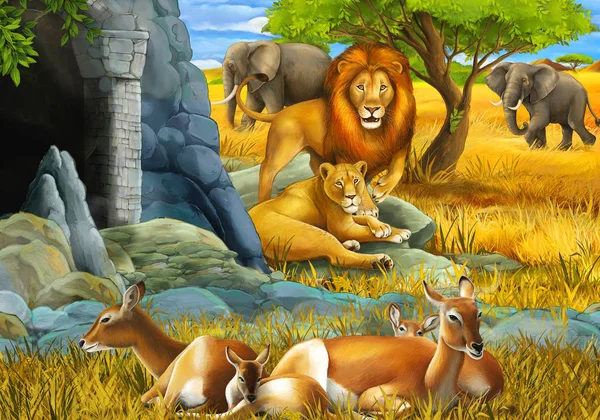 Dessin animé scène safari avec famille d'antilopes lion et éléphant sur l'illustration de prairie pour enfants — Photo