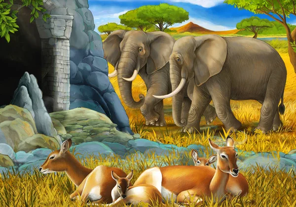 Scène safari dessin animé avec famille d'antilopes et éléphant sur l'illustration de prairie pour enfants — Photo