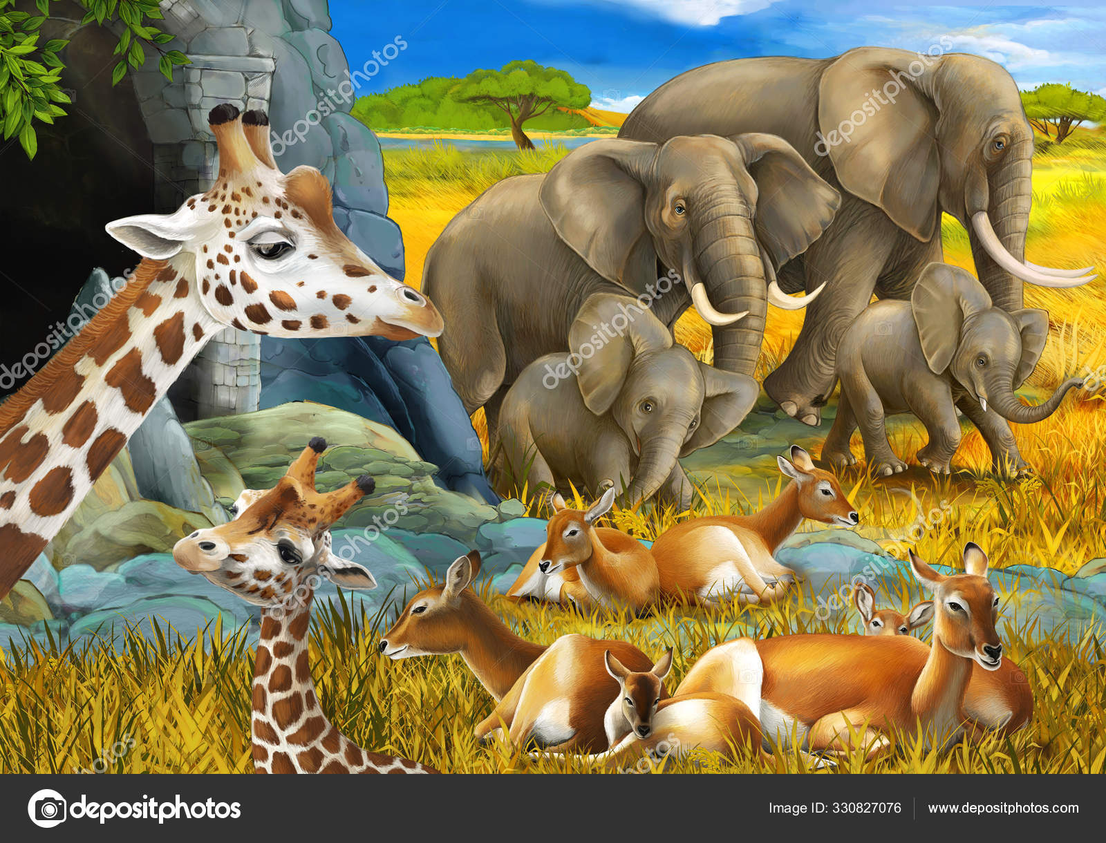 サファリ動物キリンカモシカと象のいる漫画のシーン子供のための牧草地