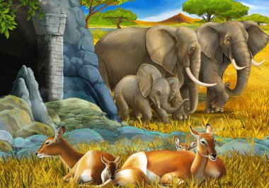 cartoon safari scene with family of antelopes and elephant on the meadow illustration for children clipart