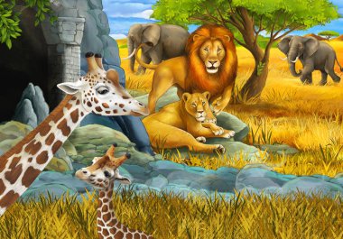 Safari hayvanları, zürafa aslanları ve çocuklar için çayır illüstrasyonunun olduğu bir çizgi film sahnesi.