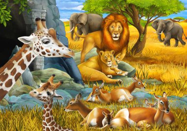 safari hayvanlarının olduğu çizgi film sahnesi zürafa antilop aslan ve fil çocuklar için çayır illüstrasyonunda