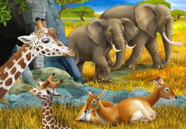 Safari hayvanları, zürafa antilopları ve çocuklar için çayırdaki fil resimlerinin olduğu karikatür sahnesi.