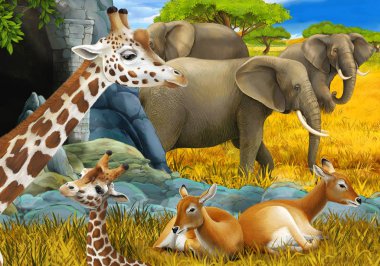 Safari hayvanları, zürafa antilopları ve çocuklar için çayırdaki fil resimlerinin olduğu karikatür sahnesi.