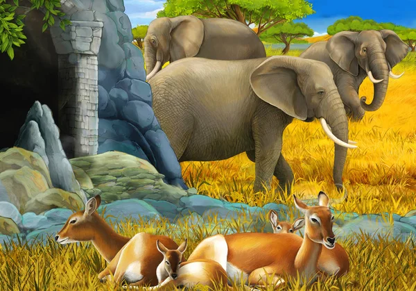 Сцена сафари с семьей антилоп и слона на лугу иллюстрация для детей — стоковое фото