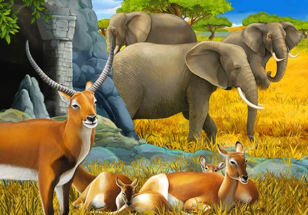 Cartoon safari scene with family of antelopes and elephant on the meadow illustration for children — Stock Photo, Image