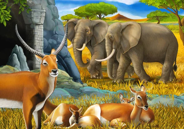 Cartoon-Safari-Szene mit Familie aus Antilopen und Elefanten auf der Wiese Illustration für Kinder — Stockfoto