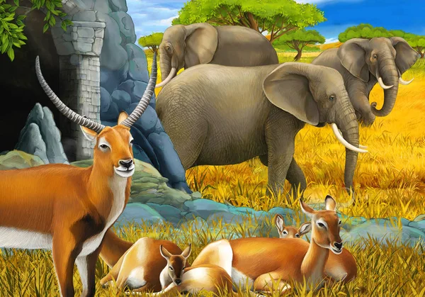 Cartoon safari scene with family of antelopes and elephant on the meadow illustration for children — Stock Photo, Image