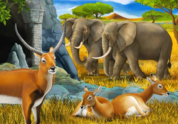 Cartoon-Safari-Szene mit Familie aus Antilopen und Elefanten auf der Wiese Illustration für Kinder — Stockfoto