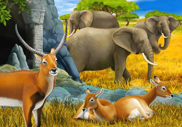 Cartoon safari scene with family of antelopes and elephant on the meadow illustration for children — Stock Photo, Image