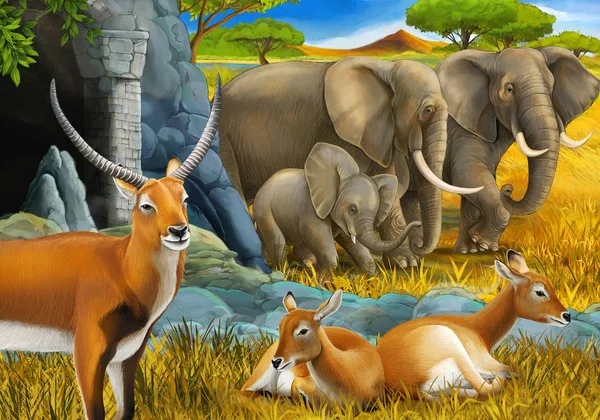 Scène safari dessin animé avec famille d'antilopes et éléphant sur l'illustration de prairie pour enfants — Photo