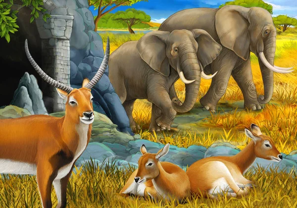 Cartoon safari scene with family of antelopes and elephant on the meadow illustration for children — 스톡 사진