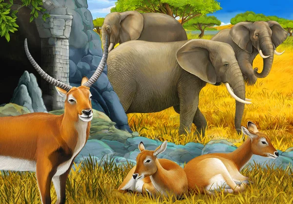 Cartoon safari scene with family of antelopes and elephant on the meadow illustration for children — 스톡 사진