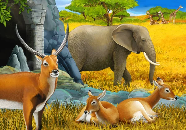 Scène safari dessin animé avec famille d'antilopes et éléphant sur l'illustration de prairie pour enfants — Photo