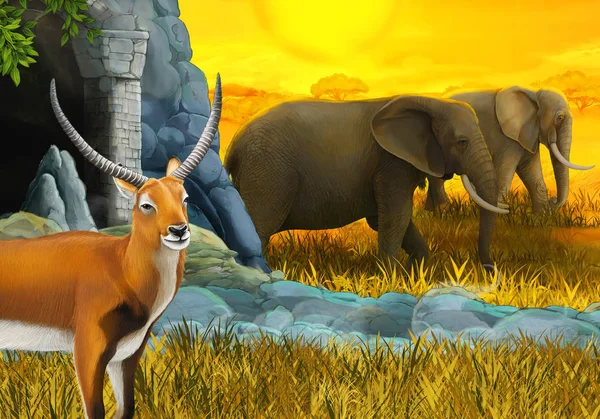 Cartoon safari scene with family of antelopes and elephant on the meadow illustration for children — Stock Photo, Image